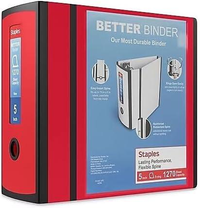 Staples Better 5-Inch D-Ring View Binder, Red, Reinforced Spine | Extra-large capacity binder for archiving everyday office documents.