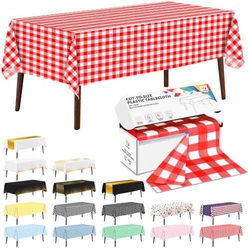 CXPSINC 54 Inch X 300 Feet Plastic Table Cover Roll Disposable Tablecloth with Slide Cutter for All Type/Shape Tables | Party, Banquet, Birthdays, Weddings(Red Checkered, 300 Feet)