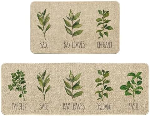 Artoid Mode Parsley Sage Oregano Basil Bay Leaves Decorative Kitchen Mats Set of 2, Seasonal Holiday Party Low-Profile Floor Mat for Home Kitchen - 17x29 and 17x47 Inch