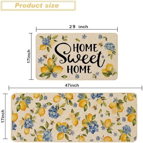 Baccessor Lemon Kitchen Rugs Set of 2, Hydrangea Floral Flowers Kitchen Mats for Spring Summer Floor Hallway Laundry Sink Low-Profile Home Decoration 17x29 and 17x47 Inch