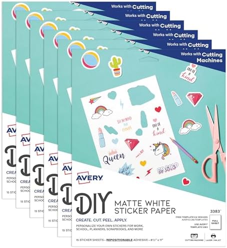Avery Printable Sticker Paper, 8.5" x 11", Matte White, Repositionable Adhesive, Laser/Inkjet Compatible, 90 Full-Size Label Sheets, Great for Product Labels, Cute Stickers, and More (6-Pack of 3383)