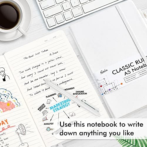 feela 3 Pack Notebooks Journals Bulk, Hardcover Notebook Classic Ruled Lined Journals with Pen Holder for Women Girls School Business Supplies, with 3 Black Pens, 120 GSM, 5.1”x8.3”, A5, White