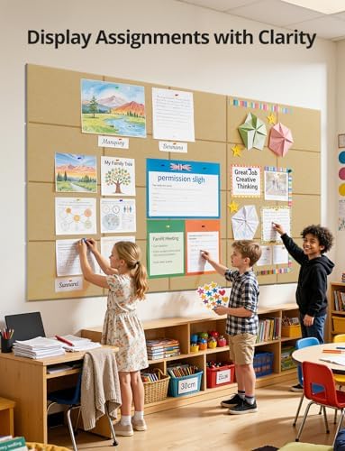 Kuchoow Large Felt Bulletin Cork Board Self-Adhesive Brown Pin Wall Tiles, 48'' x 36'' Rectangular Vision Tack Panels for Classroom Office Display 12 Pack Corkboard for Kitchen Bedroom Home Decor