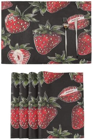 ALAZA Strawberry Hand Drawn Set of 6 Placemats Rectangle Table Mat for Dining Table Restaurant Kitchen Home Decor, 12" x 18"
