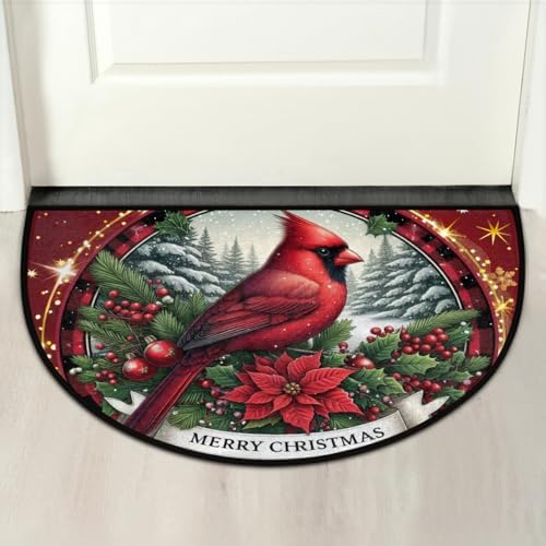 Christmas round red leader Half Round Door Mat Non Slip Washable Semi Circle Area Rug Absorbent Soft Half Moon Rug Floor Mat for Indoor Outdoor Kitchen Bathroom Patio Front Door Mat Decor,a-67