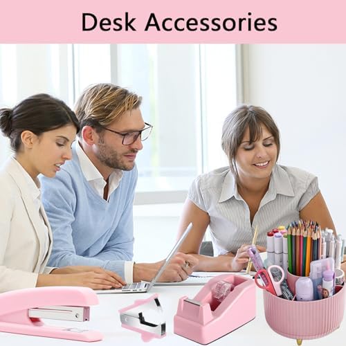 Office Supplies,Pink Desk Accessories,Desk Organizer,Stapler,Tape Dispenser,Folding Phone Stand,Scissors,Notebook,Staple Remover,Staples,Clear Tape,Sticky Notes,Clips,Cool Pen,Bookmark,Ect.22pcs