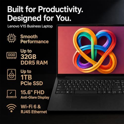 Lenovo 2026 V15 Slim Business Laptop, 15.6" FHD Display, Powerful Intel Quad-Core Processor, 16GB DDR5 RAM, 512GB SSD, Wi-Fi 6, Ethernet(RJ45), HDMI, 8-Hour Battery, Windows 11 Pro, MS 365 for the Web