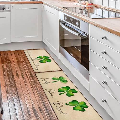 St Patricks Day Kitchen Rug Set of 2, Non-Slip Absorbent Door Mats Seasonal Lucky Green Shamrock Clover Decorative Kitchen Floor Mat 17x29 and 17x47 Inch DM127