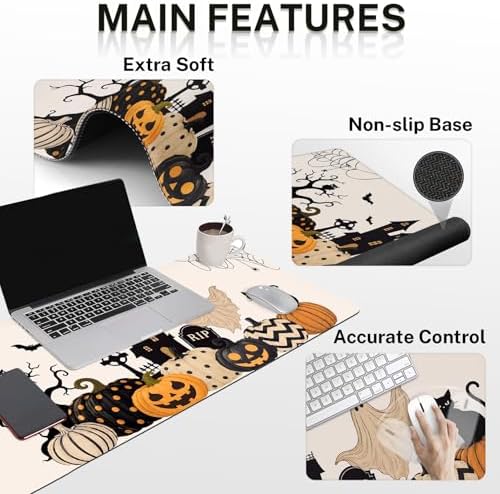 Britimes Keyboard Mouse Pad Set, 4 in 1 Desk Mat Set, Halloween Spooky Cat