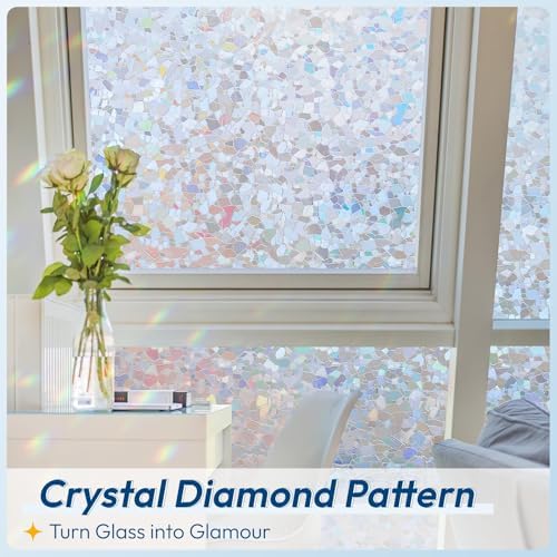 rabbitgoo Rainbow Window Privacy Film Decorative Stained Glass Diamond Pattern Window Sticker with Iridescent Tint Non-Adhesive Static Cling for Home Office Crystal Pattern, 35.4 x 118.1 inch