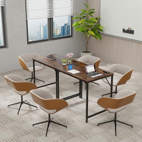 COSTWAY Home Office Desk, 32 Inch Computer Desk with Recessed Power Strip, Storage Bag & Headphone Hook, Wide Desktop, Modern Computer Workstation Writing Table for Home, Office (Rustic Brown + Black)