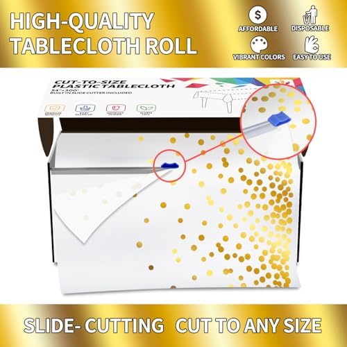 CXPSINC 54 Inch X 300 Feet Plastic Table Cover Roll Disposable Tablecloth with Slide Cutter for All Type/Shape Tables | Party, Banquet, Birthdays, Weddings(White & Gold Dot, 300 Feet)