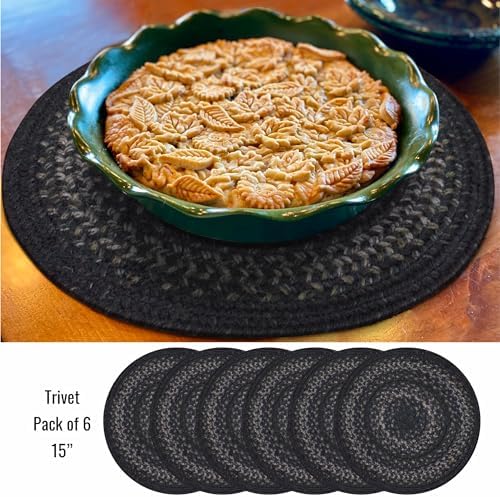 Homespice Jet Black Jute Braided Placemats, Round 15" Set of 6