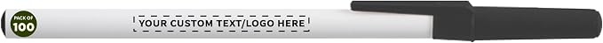DISCOUNT PROMOS Custom Value Stick Pens Set of 100, Personalized Bulk Pack - Blue Ink, Great for Office, School, Business, Tradeshows, Events - Black Cap
