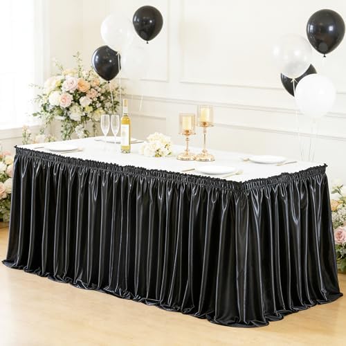 Wish Care 9ft Black Satin Table Skirt for Rectangle Tables Wrinkle Free Teacher Desk Skirt Glitter Ruffle Table Skirting Cloth for Back to School Classroom Office Dorm Birthday Party Table Decor