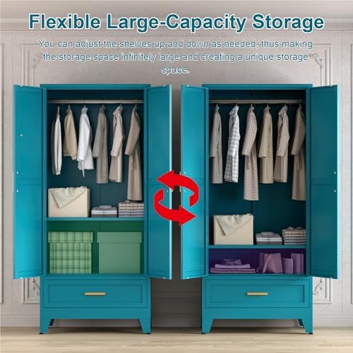 Washsemba 71'' Farmhouse Metal Wardrobe Cabinet with Hanging Rod, 2 Barn Door Wardrobe Closet with Adjustable Shelves,Drawer,for Dining Room,Bedroom,Living Room, Cloak Room,Office (Peacock Blue)