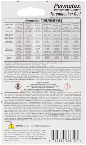 Permatex 26210 Permanent Strength Threadlocker Red, 10 ml