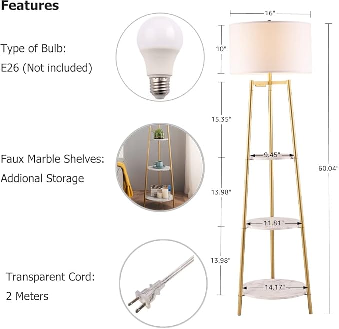 ROSEN GARDEN Floor Lamp, Standing Reading Light with Faux Marble Shelves and Fabric Shade, Modern Tall Pole Lamp, Accent Furniture Décor Lighting for Living Room, Bedrooms