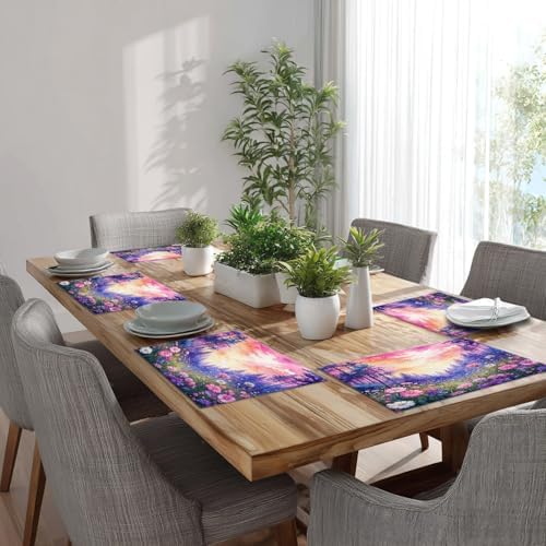 Batmerry Forest Flowers Sunset Placemats, Beautiful Forest Sunset Scene Washable Linen Table Mats for Kitchen Table Double Insulation Decor Dining Set Indoor Outdoor 12X18 in Set of 4