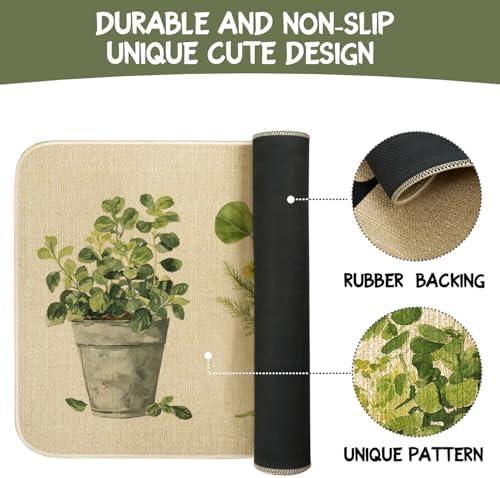 Spring Summer Farmhouse Kitchen Rugs and Mats Set of 2,French Herbs Wildflowers Flowers Floral Plants Non Slip Washable Floor Sink Mats Decorations for Home Kitchen 18"x48"+18"x30"