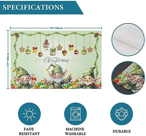 Merry Christmas Placemats Set of 6, Green Christmas Gnome Elf Heat Resistant Washable Table Place Mats Xmas Balls Cotton Table Linens Party Holiday Decor for Kitchen Dining Outdoor Indoor