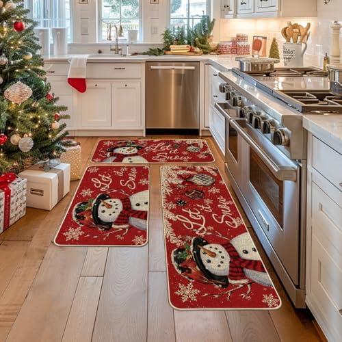 Artoid Mode Snowman Let It Snow Snowflake Christmas Kitchen Mats Set of 3, Winter Home Decor Low-Profile Kitchen Rugs for Floor - 17"x29"+17"x36"+17"x47"