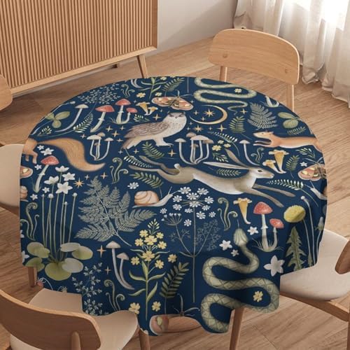 Fairy Forest Tablecloth, Retro Dark Blue Woodland Wildlife Owl Squirrel Print Rustic Flowers Mushrooms Table Cloth for Outdoor Picnic Home Dining Kitchen Table Decor, 50x50in