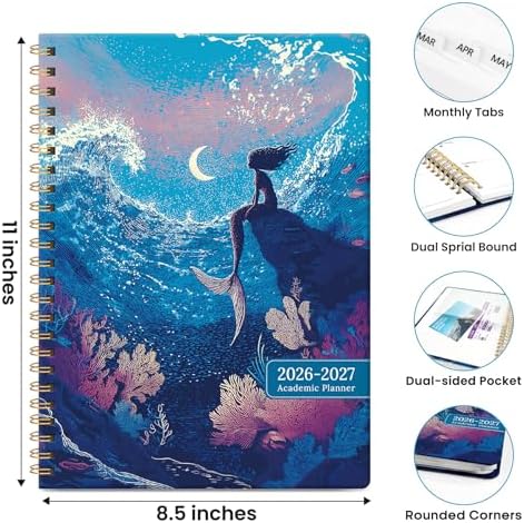 Large Planner 2026-2027, A4 (8.5" x 11") Hardcover Weekly & Monthly Planner July 2026 - June 2027 with Monthly Tabs, Academic Planner for School, Work and Office, Crescent Mermaid