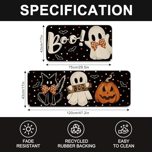 JarThenaAMCS Halloween Kitchen Mats Set of 2 Ghost Pumpkin Boo Kitchen Floor Mat Non-Slip Spooky Decorative Bathroom Rugs, 17 x 29 Inch & 17 x 47 Inch