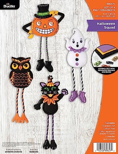 Bucilla Felt Applique 4 Piece Ornament Making Kit, Halloween Squad, Perfect for DIY Arts and Crafts, 89647E