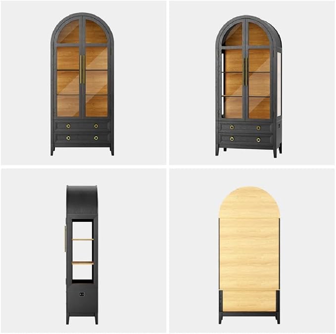 Arched Curio Cabinet with Glass Doors, 4-Tier Display Cabinet with 2 Drawers, Tall Bookcase with 3 Color Lights, Display Case, Kitchen Pantry, Black+Wood