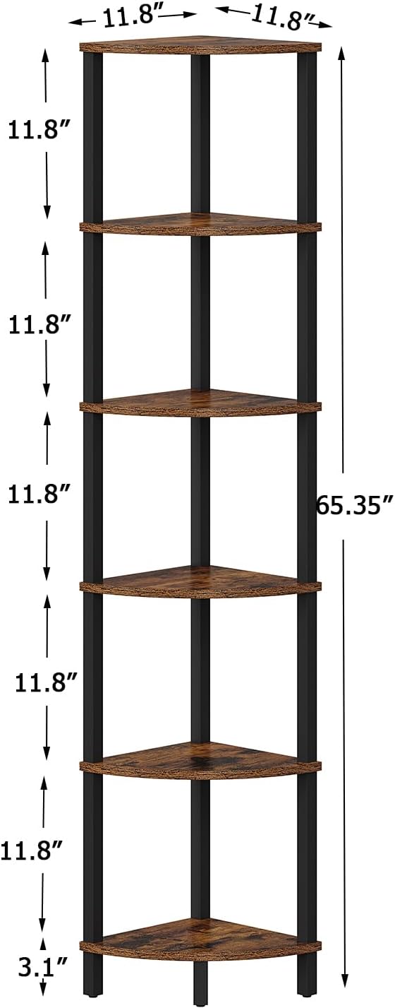 VIMBER Corner Shelf, 6-Tier Corner Bookshelf, Industrial Corner Ladder Shelf, DIY Storage Shelves, Rustic Display Shelf for Living Room, Bedroom, Kitchen, Home Office, Rustic Brown and Black UJSJ004F