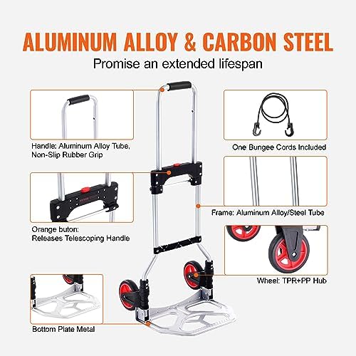 VEVOR Folding Hand Truck, 80 kg Load Capacity, Aluminum Portable Cart, Convertible Hand Truck and Dolly with Telescoping Handle and Rubber Wheels, Ultra Lightweight Super Strong for Moving Warehouse