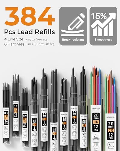 STAGEEK 34PCS Mechanical Pencil Set with Case, 0.5, 0.7, 0.9 ＆ 3PCS 2mm | Drawing Pencils with 384PCS Lead Refills (6B 4B 2B HB 2H 4H Color), Erasers, Sharpeners, Artist Pencil for Sketching Drafting