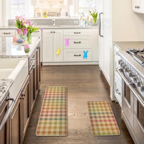 Decorhua Easter Kitchen Mats for Floor 2 piece Set, Spring Kitchen Rugs Non Slip Washable, Buffalo Check Style Kitchen Decor Farmhouse 17x29 and 17x47 Inch DM198