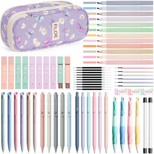 65PCS Aesthetic School Supplies Back to School Supplies Cute Stationary Set | College Essentials Kit with Pencil Case, Pastel Highlighters Gel Pens Mechanical Pencil Set 0.5 0.7 & 2.0mm for Student Girls