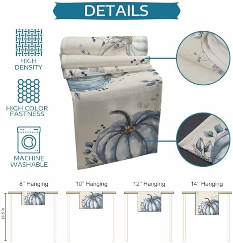 Fall Pumpkin Table Runner Dresser Scarf 13 x 70 Inch White Blue Leaves Rustic Table Runners Non-Slip Heat Resistant Kitchen Dining Table Decor for Autumn Thanksgiving Holidays Indoor Outdoor