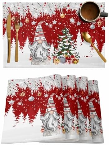 Christmas Gnome Placemats Set of 4, Winter Merry Christmas Tree Balls Heat Resistant Washable Table Place Mats Red Cotton Table Linens Party Holiday Decor for Kitchen Dining Outdoor Indoor