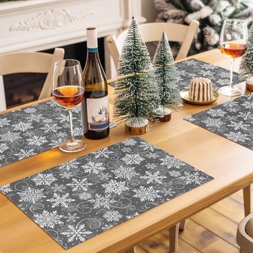 Christmas Placemats Set of 6, Grey White Snowflakes Pattern Heat Resistant Washable Table Place Mats Winter Cotton Table Linens Party Holiday Decor for Kitchen Dining Outdoor Indoor
