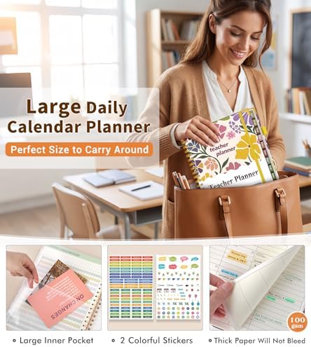 Teacher Planner 2026-2027, July 2026 - June 2027, Academic Weekly & Monthly Calendar Planner with Tabs, 8.5" x 11" A4 Teacher Lesson Plan Book with 7 Periods, Daily Agenda School Organizer for Teacher Student Homeschool Abstract Flowers