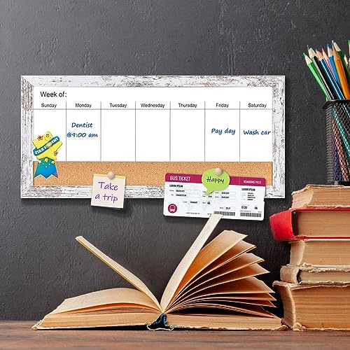 Magnetic Weekly Whiteboard and Cork Board, White Wood Frame, 16" x 8"