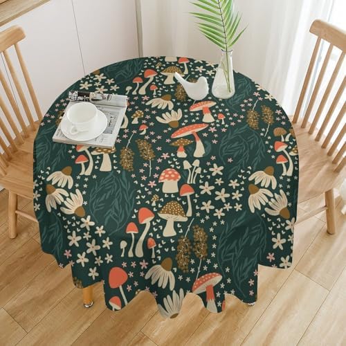 Mushroom Table Cloth, Vintage Woodland Summer Flowers Plants Forest Botanical Leaves Table Cover for Farmhouse Kitchen Dining Room Table Decor, 50x50in
