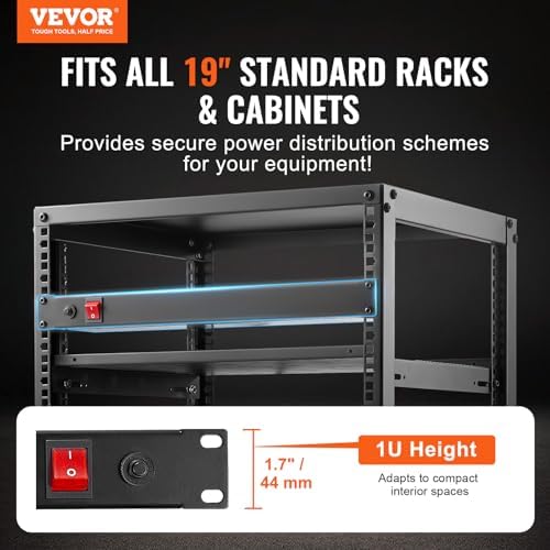 VEVOR 8 Outlet Horizontal 1U Rack Mount PDU Power Strip for Network Server Racks, Surge Protection & Overload Protection, 110-125V/15A, with 6ft 14AWG Power Cord