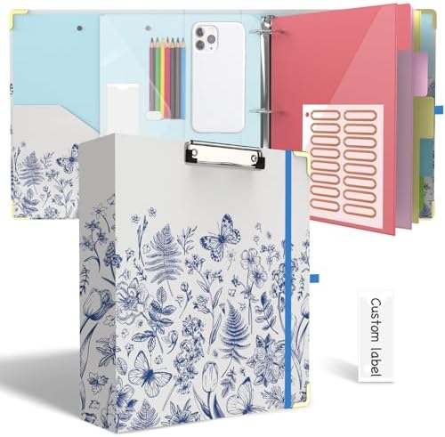 3 Ring Binder 2 Inch for Letter Size 8.5" x 11" Paper, Clipboard Binder with 5 Tabbed Dividers with Pockets, Plastic Folder and 40 Divider Stickers, School and Office Supplies, Vintage Blue Butterfly