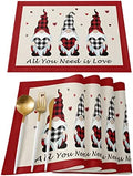 Vandarllin Valentines Day Gnomes Placemats Set of 6,Buffalo Check Plaid Love Hearts Polyester Stain Resistant Table Mats Washable Placemat Decoration for Kitchen Dining Table Rustic Farmhouse