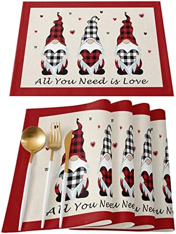 Vandarllin Valentines Day Gnomes Placemats Set of 6,Buffalo Check Plaid Love Hearts Polyester Stain Resistant Table Mats Washable Placemat Decoration for Kitchen Dining Table Rustic Farmhouse