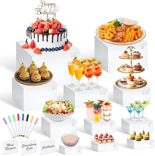 11 Pcs White Acrylic Buffet Risers and Stand with Mini Table Sign and Maker