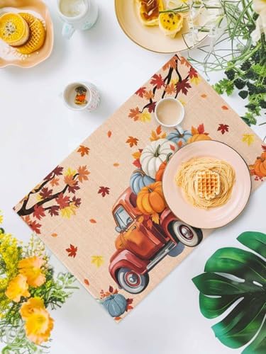 Fall Placemats Set of 6,Cotton Linen Heat Insulation Thanksgiving Harvest Pumpkin Farmhouse Truck Placemat for Holiday Banquet Dining Kitchen Table Decor