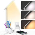 Addtam Desk Lamp with Pen Holder, LED Desk Lamps for Home Office, Power Strip with 3 Outlets 4 USB Charging Ports(2 USBC), 3 Color Modes Touch Lamp, Study Lamps for College Dorm Room Essentials, White