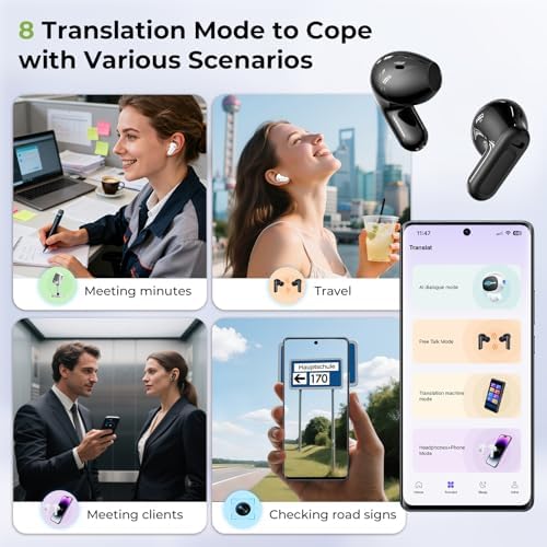 NE20 Earbuds, 2025 New NE20 AI Translation Earbuds in Real Time, Language Translator Headphones with LCD Touch Screen Audifonos Traductores Inglés Español Support 140 Languages for Travel White